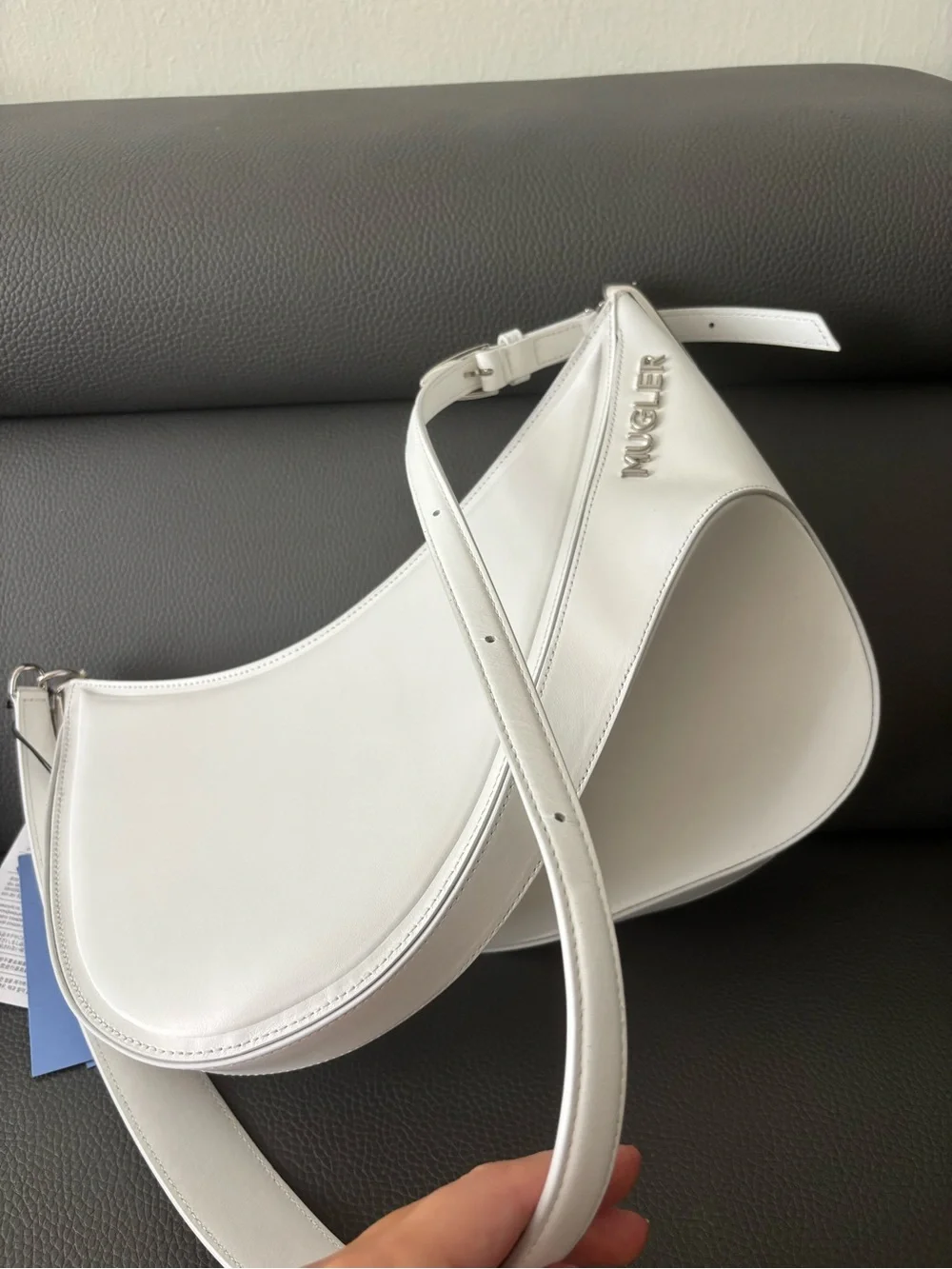Mugler White Crescent Shoulder Bag with Textured Logo